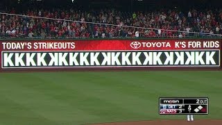 5/11/16: max scherzer ties the major league record for most strikeouts
in a nine-inning game with his 20th punchout, fanning justin upton 9th
check ou...