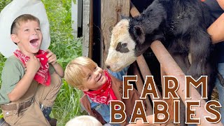 Little COWBOYS Meet Baby Farm Animals! KIDS LEARNING/EXPLORING/HOGS/PIGLETS/CALFS/COWS/SKID LOADER