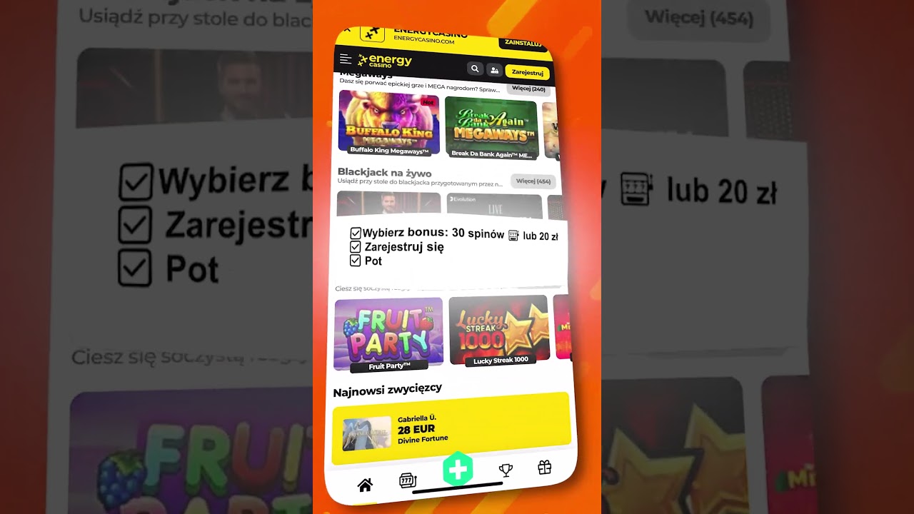 Interfejs aplikacji Energy Casino na smartfonie z widocznymi grami i przyciskiem logowania