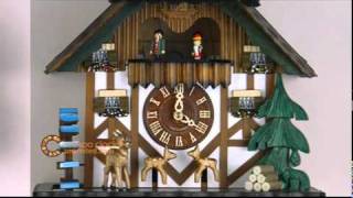 1 Day Musical Cuckoo Clock Cottage w/ Jumping Deer &amp; Moving Waterwheel 13 In. Tall- Black Forest