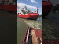 Wrong way for towing an icebraker ship on a narrow river. Big ship fail on Danube river