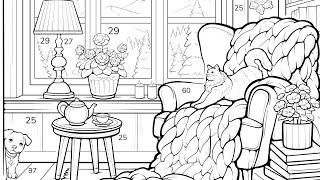 Color by Number | Cozy Reading Nook with Cat & Mountain View Zen Color Art #coloringbook #gameplay screenshot 5