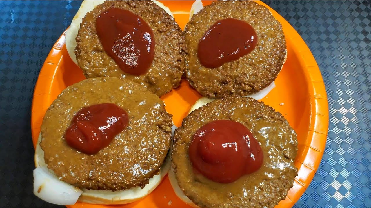 make Bagel Burger from Canned Meatless TVP Patties Loma Linda Swiss Stake YouTube