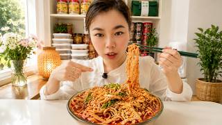 Spicy Chili Oil Noodles with Fresh Herbs and Savory Toppings