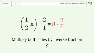 Linear equation with one unknown: Solve 1/2x-3=5 step-by-step solution