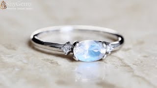 Blue Moonstone and Diamond Wedding Ring in White Gold - ShyGems