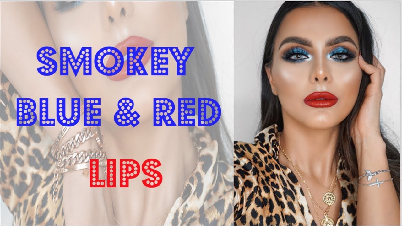 مكياج سموكي ازرق||منتجات فنتي بيوتي|| كارولين ||Blue smokey eye with red lips fenty beauty