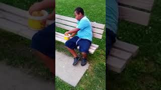 David eating a bucket of fries at the schererville corn roast