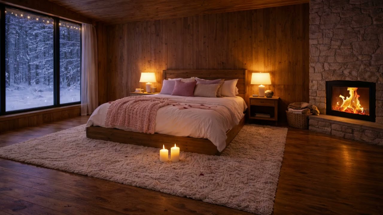 Snowy Night Bedroom Escape 🌙 Cozy Fireplace & Valentine’s Ambience for Peace