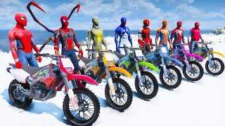 All Spiderman Suits Motorcycles Challenge - Extreme Racing in Cold Weather