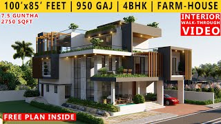 100' x 85' FEET HOUSE PLAN DESIGN | 4BHK BUNGALOW  | 950 GAJ | 8500 SQFT FARMHOUSE | 3D WALKTHROUGH