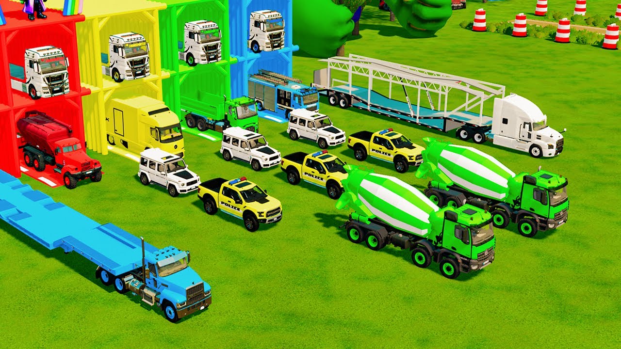 TRANSPORTING RESCUE AND POLICE VEHICLES, CONCRETE MIXER, DUMP TRUCK TO GARAGE - FS22