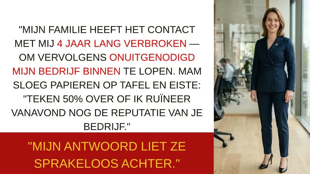 Vier jaar geleden wiste mijn familie me uit hun leven. Gisteren liepen ze mijn kantoor binnen alsof er niets was gebeurd en eisten ze 50% van mijn bedrijf op. Mijn moeder zei koud: "Teken, of ik...