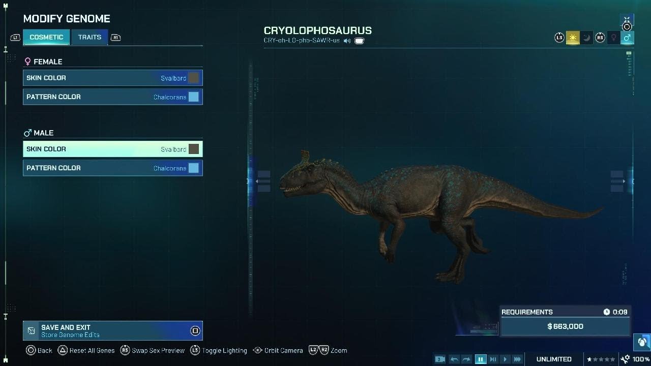Jurassic World Evolution 3 Cryolophosaurus skins and patterns.