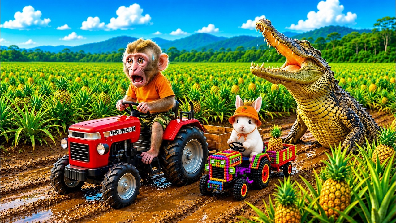 Monkey Ride Tractor Monkey Farmer Drives a Tractor with Rabbit to Harvest Pineapples While ...