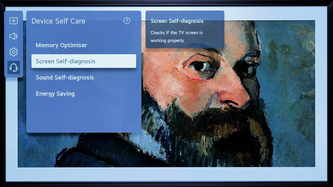 LG support tutorial thumbnail showing the webOS sound self-diagnosis menu