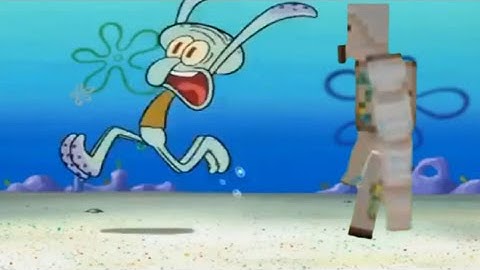 Squidward runs away from Iron Golem