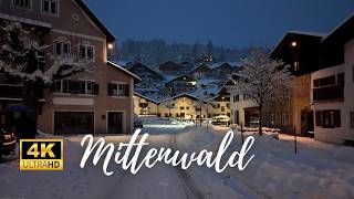 Mittenwald, Germany - Snowy Evening to Night Walk - Alpine Village in 4K