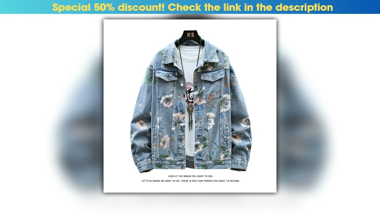 Vintage Floral Print Denim Jacket Mens Distressed Coat Streetwear Loose Fit Long Sleeve Jackets