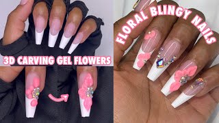 3D Gel Flower Nails | BTARTBOX Full Cover French Tips | Blingy Nails | Gel-X | Summer Floral Nails