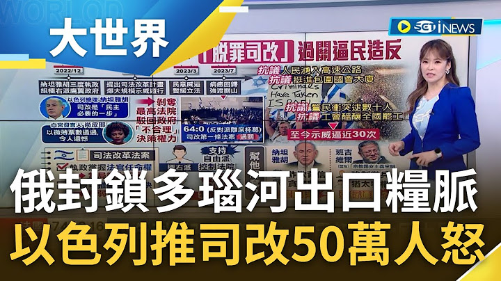 普丁糧食戰威脅全球...封鎖黑海後 瞄準多瑙河! 以色列司改強渡關山 50萬人怒衝街頭全國暴動 司改讓友誼小船翻了? 拜登一度拒邀訪以總理｜主播 苑曉琬｜【大世界新聞】20230725｜三立iNEWS - 天天要聞