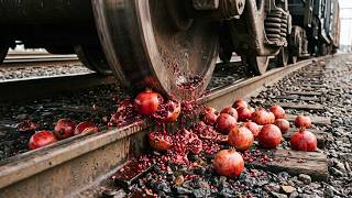 🚆 Train Crushes Pomegranates ❤️🍎 | Giant Juice Explosion Experiment | Satisfying Slow Motion