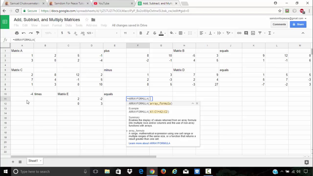 Use Google Spreadsheets to Add, Subtract, and Multiply Matrices - YouTube
