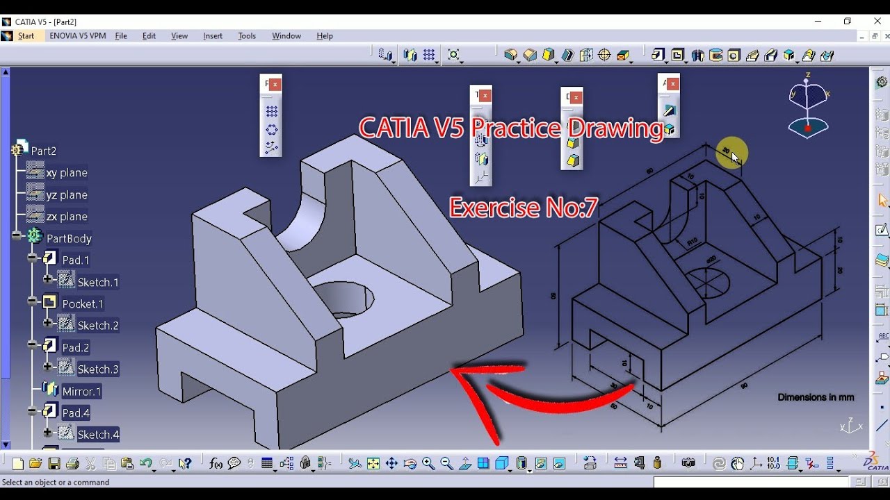 Catia V5 Practice Drawing Tutorial Exercise No:7 - YouTube