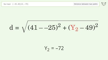 Find the distance between two points p1 (-25,49) and p2 (41,-72): Step-by-Step Video Solution