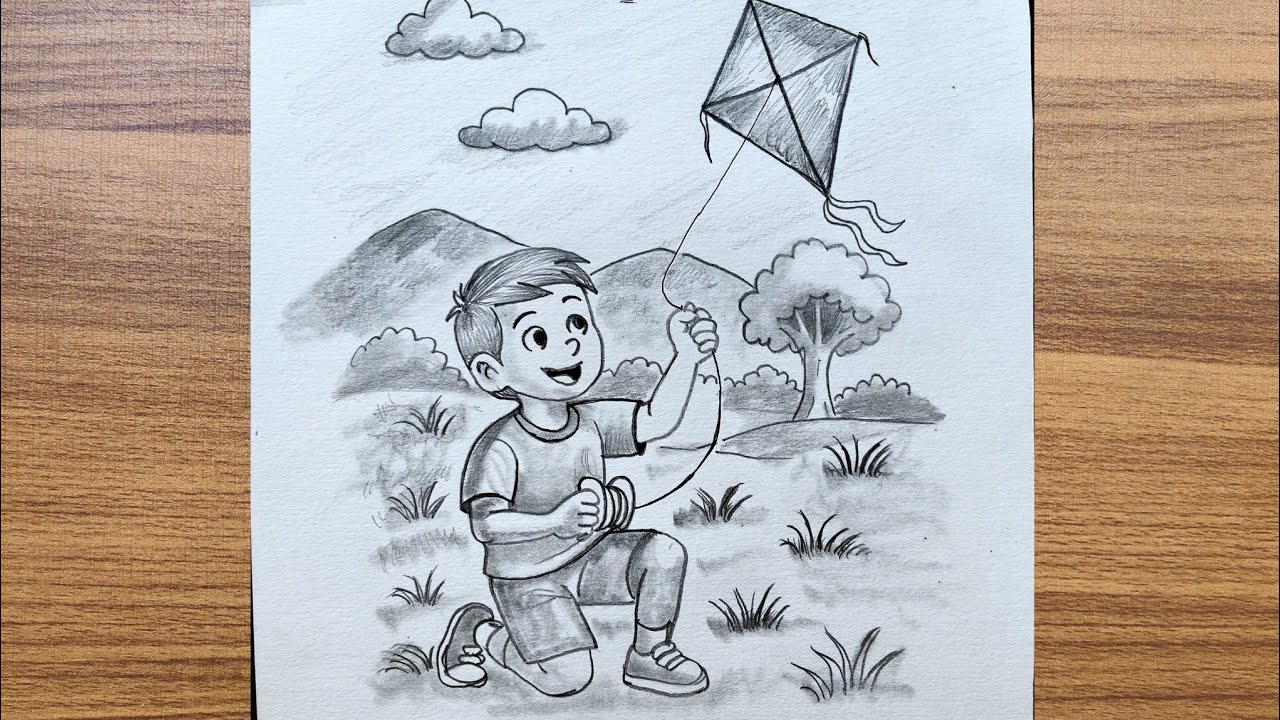 Happy Makar Sankranti Drawing | How to Draw Makar Sankranti drawing | How to draw boy flying kite 