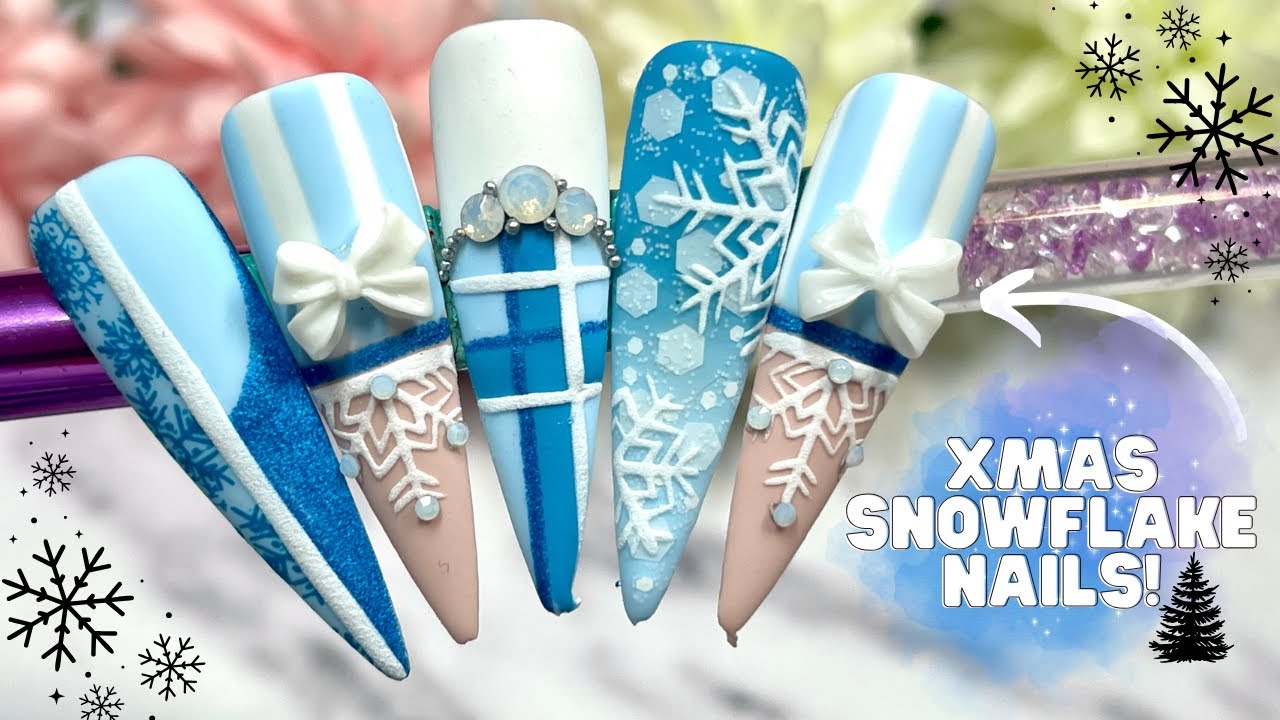BLUE STRIPE SNOWFLAKE NAIL ART DESIGN TUTORIAL| PLAID CHRISTMAS NAILS| BOW XMAS NAILS| MADAM GLAM