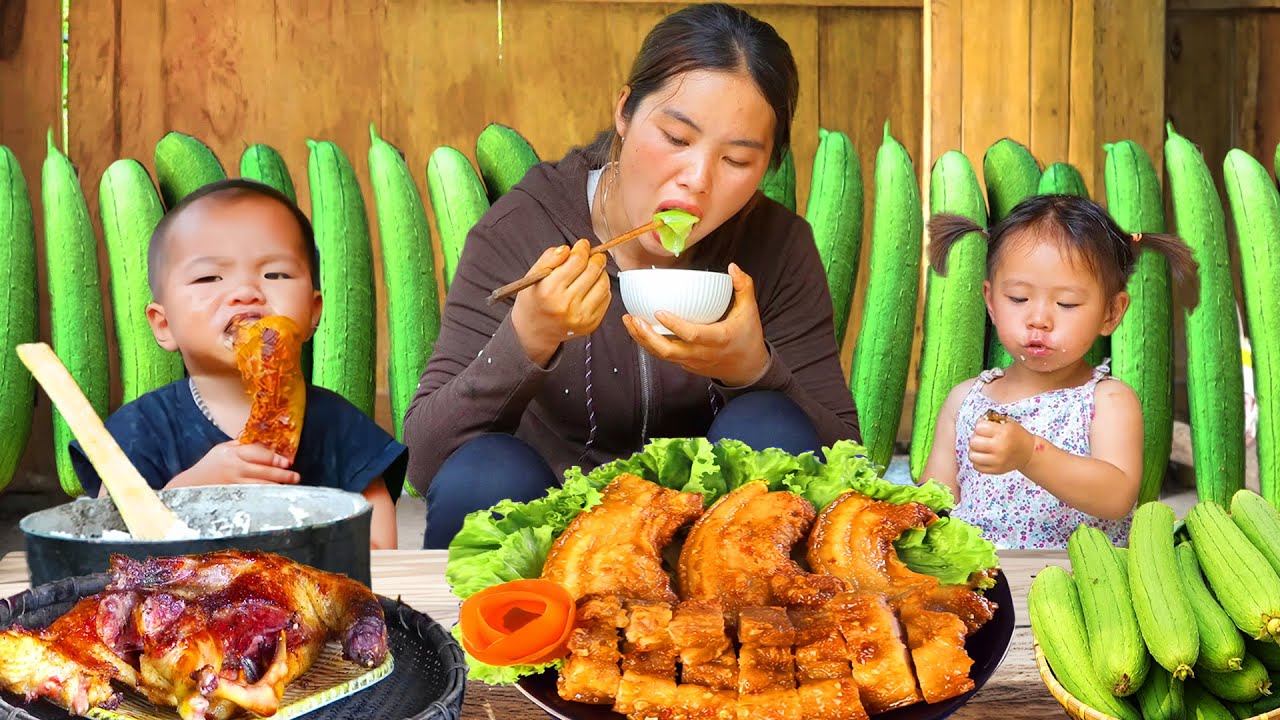 Cosecha melón amargo para vender en el mercado & Asa carne gigante con madre soltera