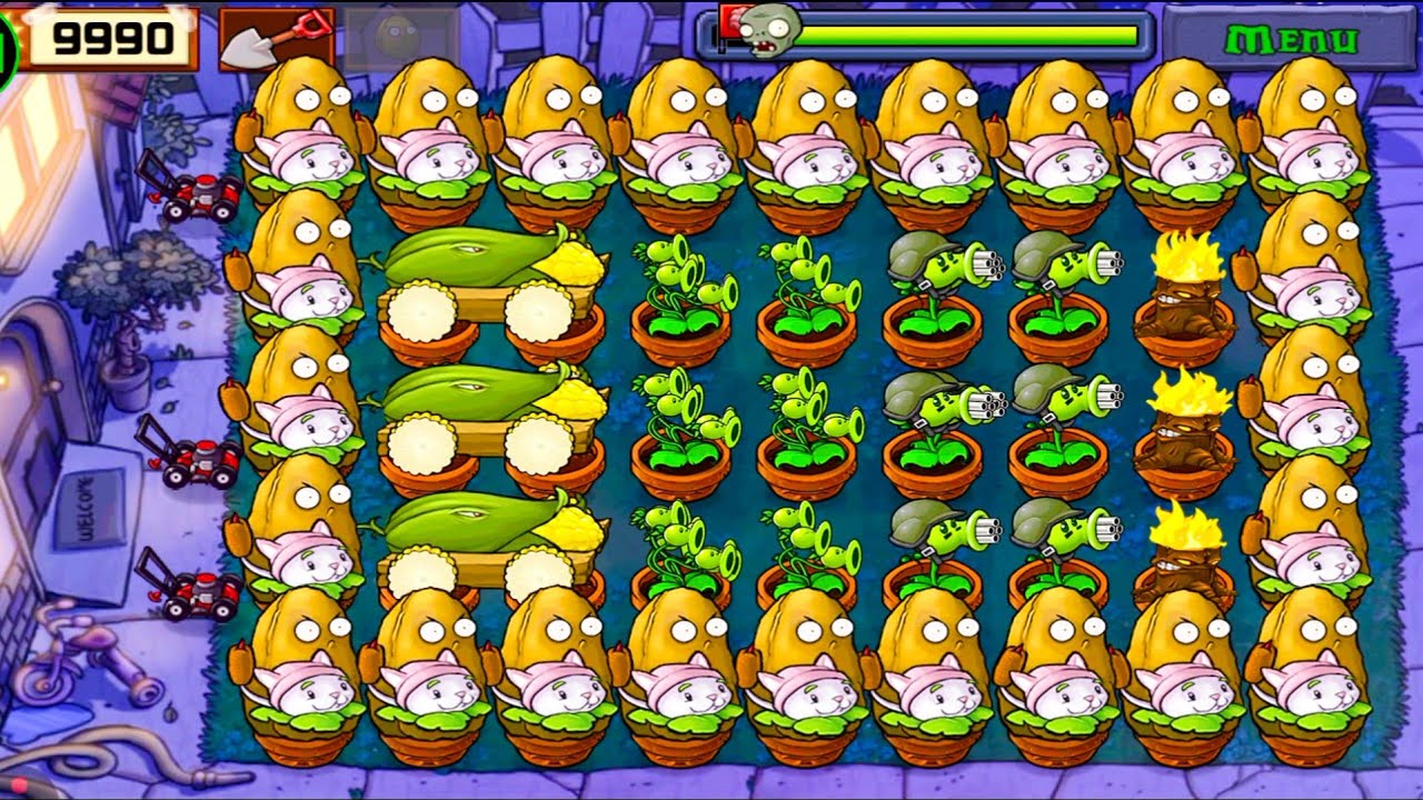 Plants Vs zombies Survival Night Cob Cannon+Cattail+Tall Nut+Gatling Pea Vs All Zombies Gameplay 