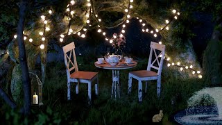 Midnight garden tea party ☕️ | Crickets , water fountain and birds sounds  | Alluring Ambience