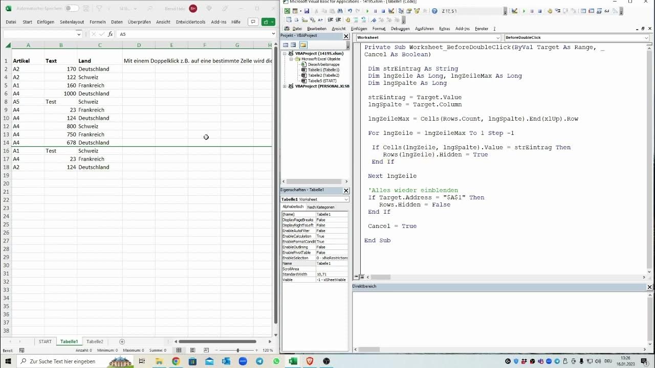 291 excel vba bestimmte zeilen aus tabelle per doppelklick auf die