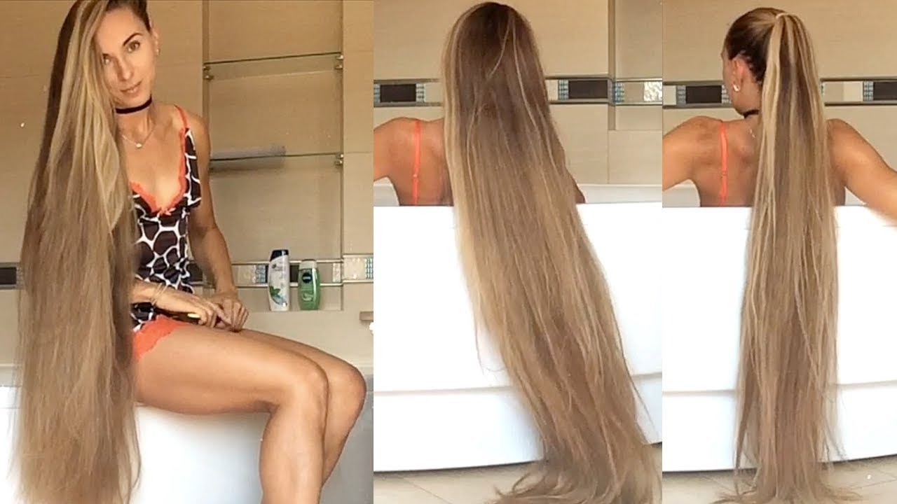 RealRapunzels - Knee length hair play in bathtub (preview) - YouTube