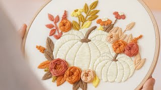 Pumpkin among the flowers/Embroidery tutorial/PDF pattern/Beginner friendly