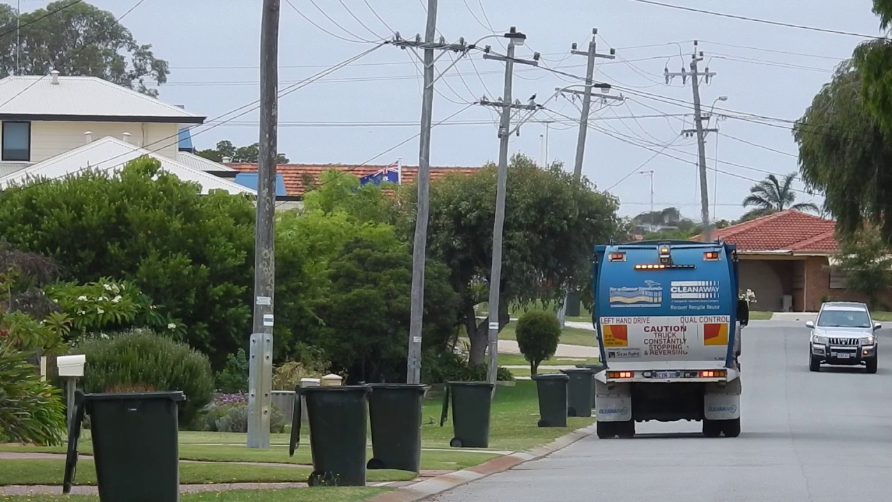 Garbage truck empty wheelie bins Mandurah (near Perth) (Cleanaway