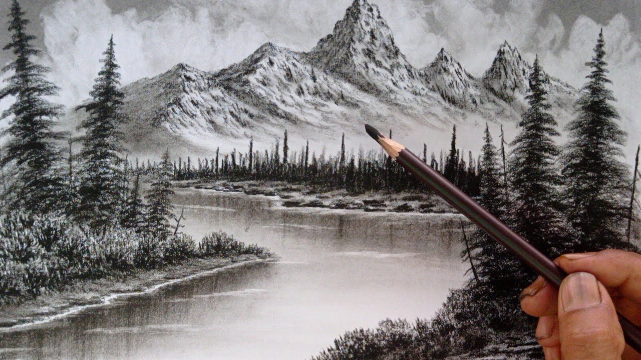 Pencil drawing landscape mountain scenery easy ways // nature ...