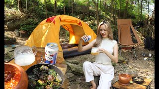 Hot summer solo camping with blonde girl in beautiful stream | ASMR nature sound
