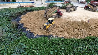 Best Bulldozer And Dump Truck Filling Up Land Rolling Black Mud | Bulldozer Shantui Pushing Rock