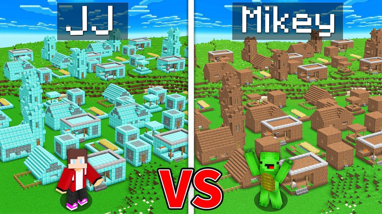 JJ vs Mikey DIAMOND RICH Village vs DIRT POOR Village Battle - in Minecraft Maizen