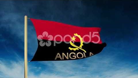 Angola Flag Slider Style With Title. Waving In The Wind With Cloud Background
