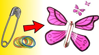 How to make flying butterfly with safety pin, rubber band and paper - Flying butterfly paper craft