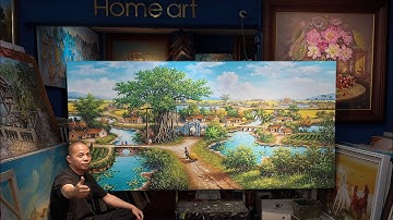 Tranh Sơn Dầu Phong Cảnh Đồng Quê Việt Nam - Bức Tranh Làng Quê Cây Đa Bến Nước Sân Đình