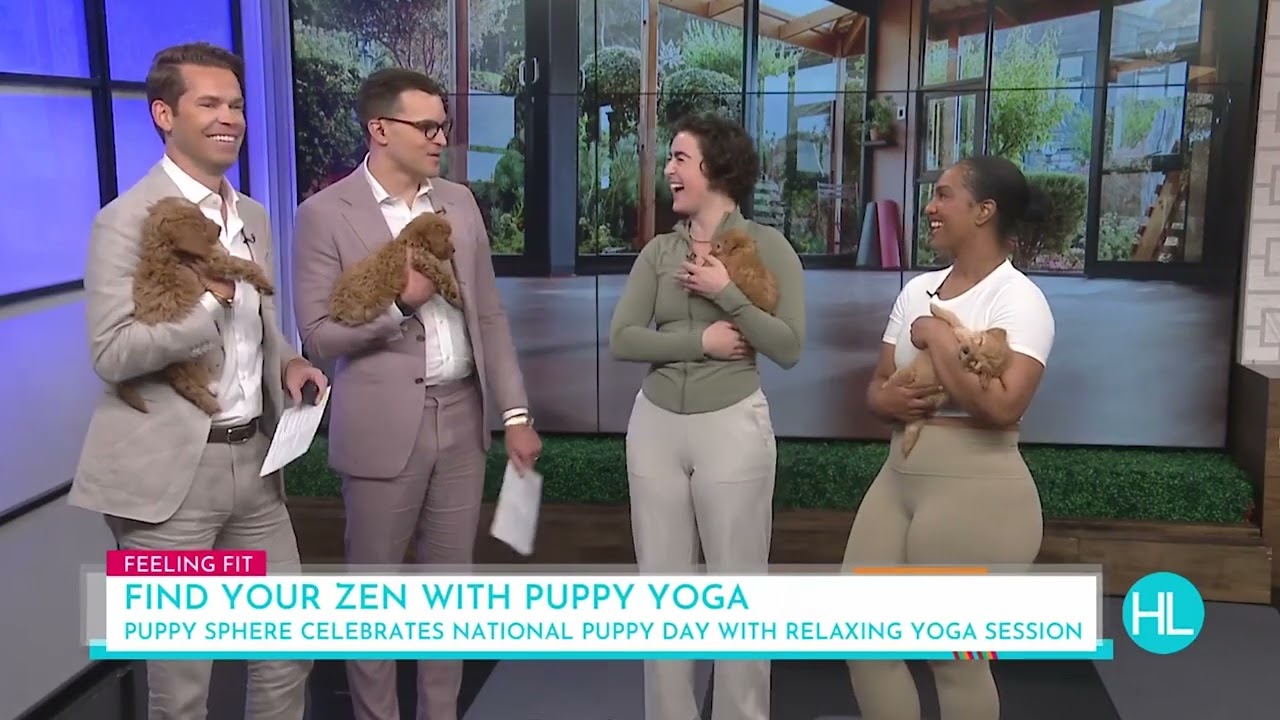 Houston Life presenters taking part in a Puppy Sphere puppy yoga class