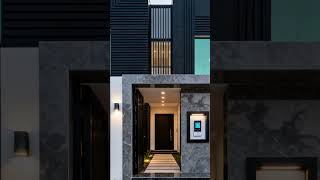 This striking modern home showcases a unique façade with geometric lines and contrasting materials,
