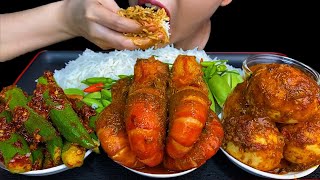 MUKBANG EATING||MANGO, SPICY PRAWN CURRY, SPICY LADY FINGER CURRY,  SPICY CHICKEN EGGS, CHILLI