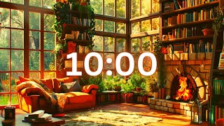10 MINUTE TIMER Reading Nook on a Rainy Day - Gentle Sounds of Rain and  Fire Crackle