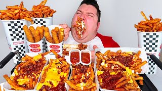 Extra Cheesy Chili Cheese Fries, Loaded Mega Bacon Fries, & Cheesy Deep Fried Mozzarella • MUKBANG